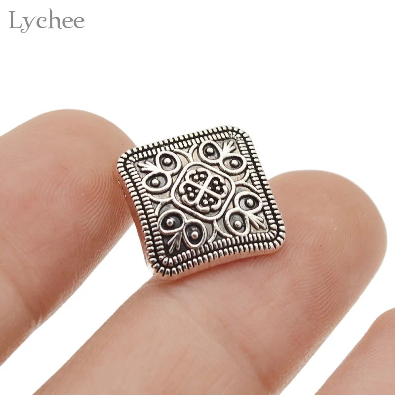 Lychee Life 10pcs Square Silver Flower Metal Shank Button Carved Jeans Button DIY Sewing Craft 13x13mm