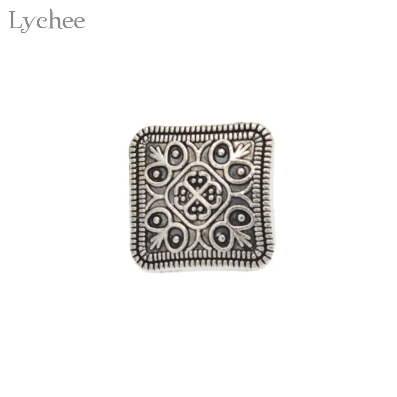 Lychee Life 10pcs Square Silver Flower Metal Shank Button Carved Jeans Button DIY Sewing Craft 13x13mm