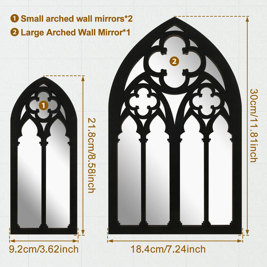 3Pcs Upgraded Gothic Decor Mirrors Arched Mirror Wall Mounted Vintage Cathedral Window Mirror for Living Room Bathroom Bedroom