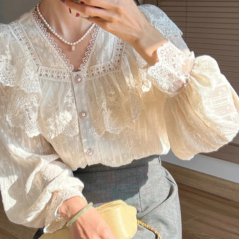 Vintage French Women Shirts Lace Lolita Elegant Long Sleeve Flounce Blouse High Quality Office Lady New Fashion Chic Female Tops