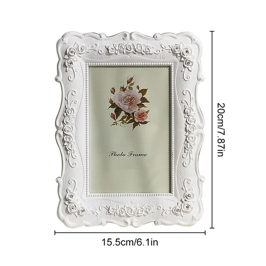 6/7/8inch Retro White Photo Frame European Style Resin Rose Flower Poster Picture Frame Stand Home Office Tabletop Decoration