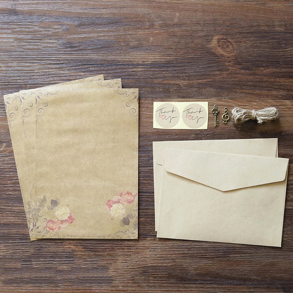 Retro Vintage Kraft Envelope Letter Pad Set Old Europe Style Love Letter Invitation Envelopes Writing Paper with Rope