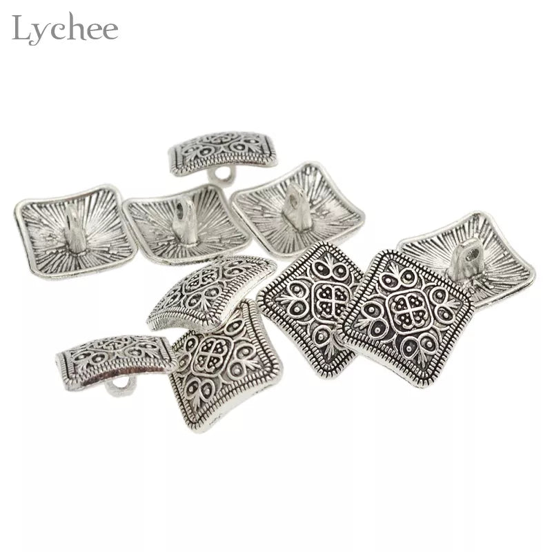 Lychee Life 10pcs Square Silver Flower Metal Shank Button Carved Jeans Button DIY Sewing Craft 13x13mm