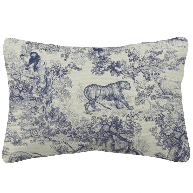 Traditional Classic French Toile De Jouy Motif Design Pattern Cushion Cover Navy Blue Tiger Retro Pillow Case 30x50cm