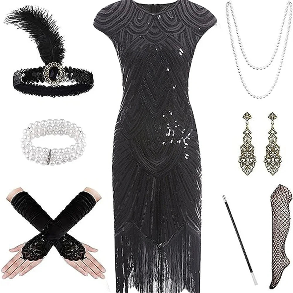 Retro Vintage Roaring 20s 1920s Flapper Dress Headband The Great Gatsby Women's Sequins Tassel Fringe Evening Dress