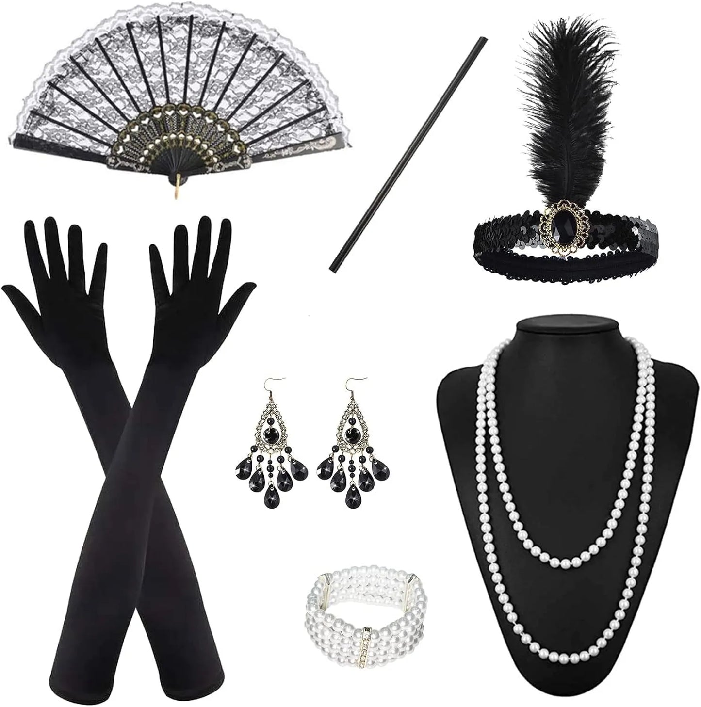 PESENAR  7 Pcs 1920s Accessories Set Headband Necklace Gloves Holder Earrings Bracelet Folding Fan For Roaring Party