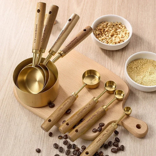 4/8Pcs Wooden Handle Stainless Steel Measuring Spoons or Cups