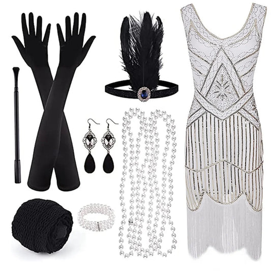 Retro 20s 1920s Flapper Dress Outfits Flapper Headband The Great Gatsby Women's Sequins Tassel Fringe Evening Dress